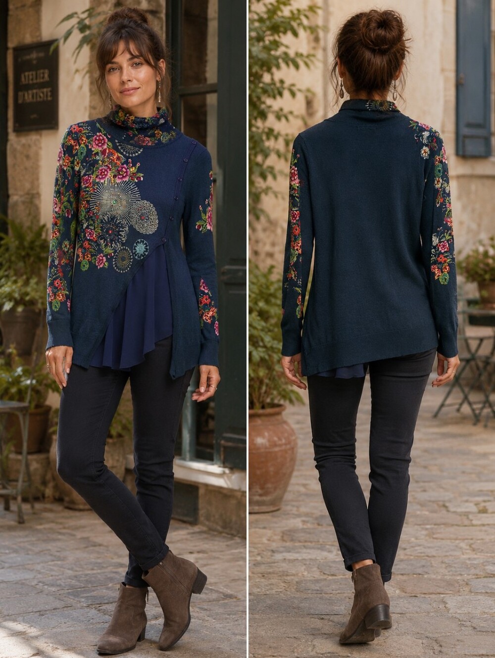 Desigual Sz M Wool Blend Floral Embellished Sweater Navy Whimsigoth Turtleneck